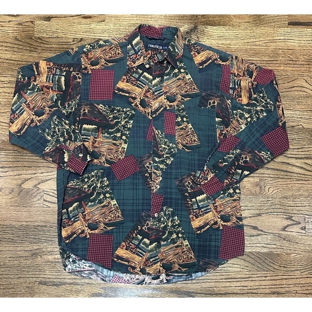 Vintage Nautica 90s All Over Print AOP Outdoors Nature Button Down Shirt Sz L